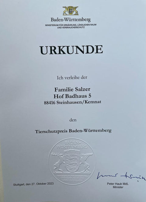 Urkunde Tierschutzpreis Baden-Württemberg